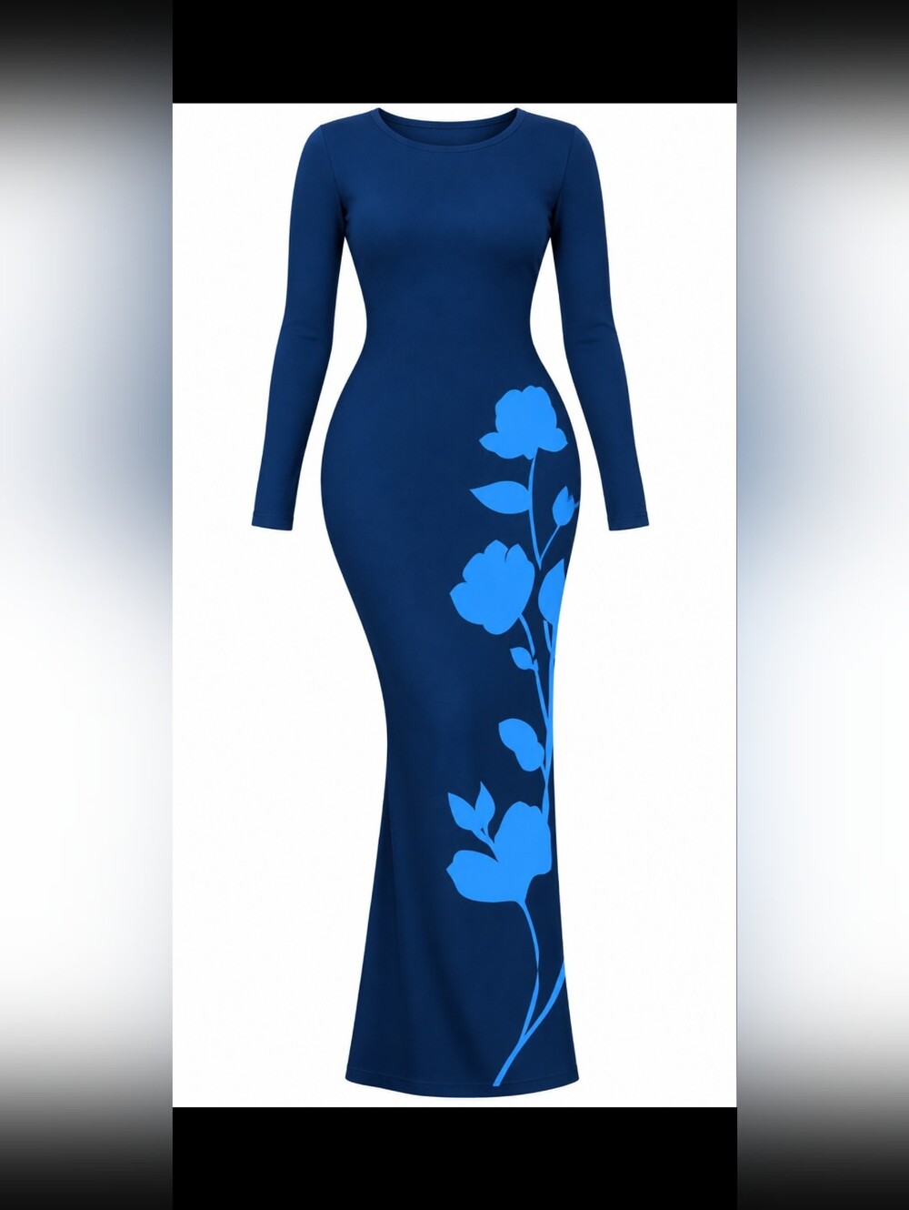Elegant Navy Blue Long Sleeve Floral Maxi Dress
